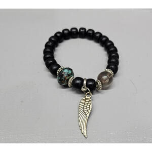 Black Lava Bead Stretch Bracelet Angel Wing Charm Turquoise Style Accent